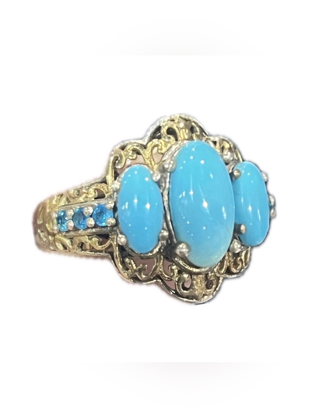 .925 Silver and 14k Gold Sleeping Beauty Blue Oval Triple Stone Filigree Ring